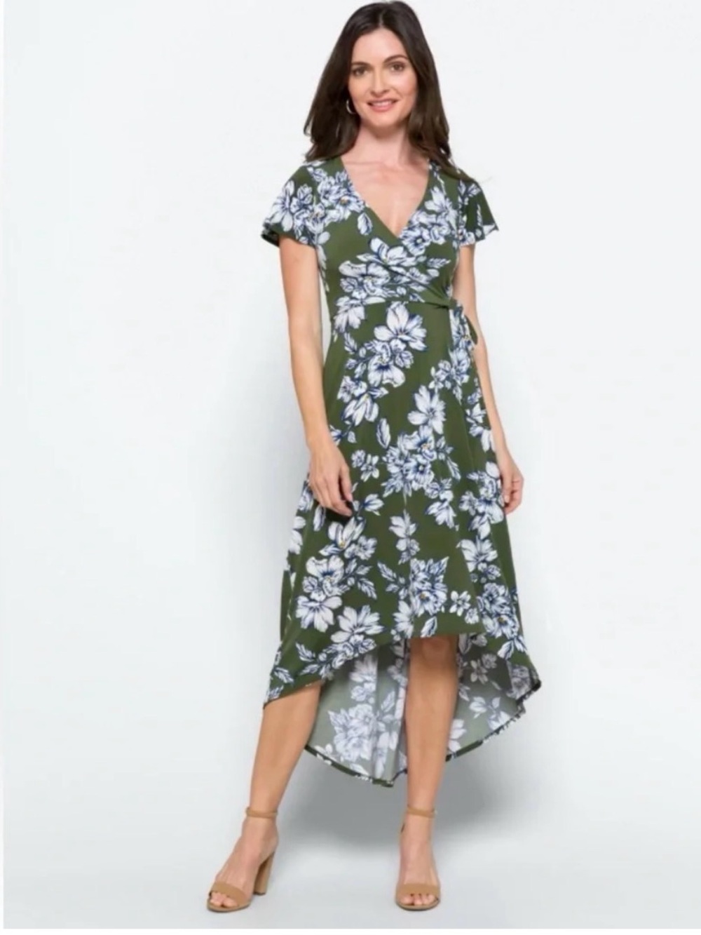 Fortune + Ivy Floral Olive High-Low Wrap Dress with V-Neck